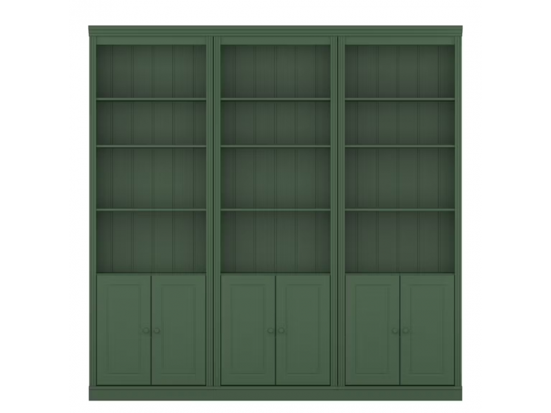 Kit três estantes Biblioteca com portas e escada, acabamento na cor verde | Coleção Biblioteca